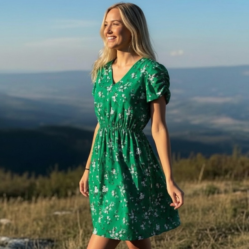 Banana Republic Green Floral Midi Dress NWOT XS Puff Sleeve
